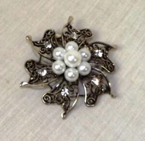 Vintage Silver Brooch W/Pearls & Diamante 60mm-0