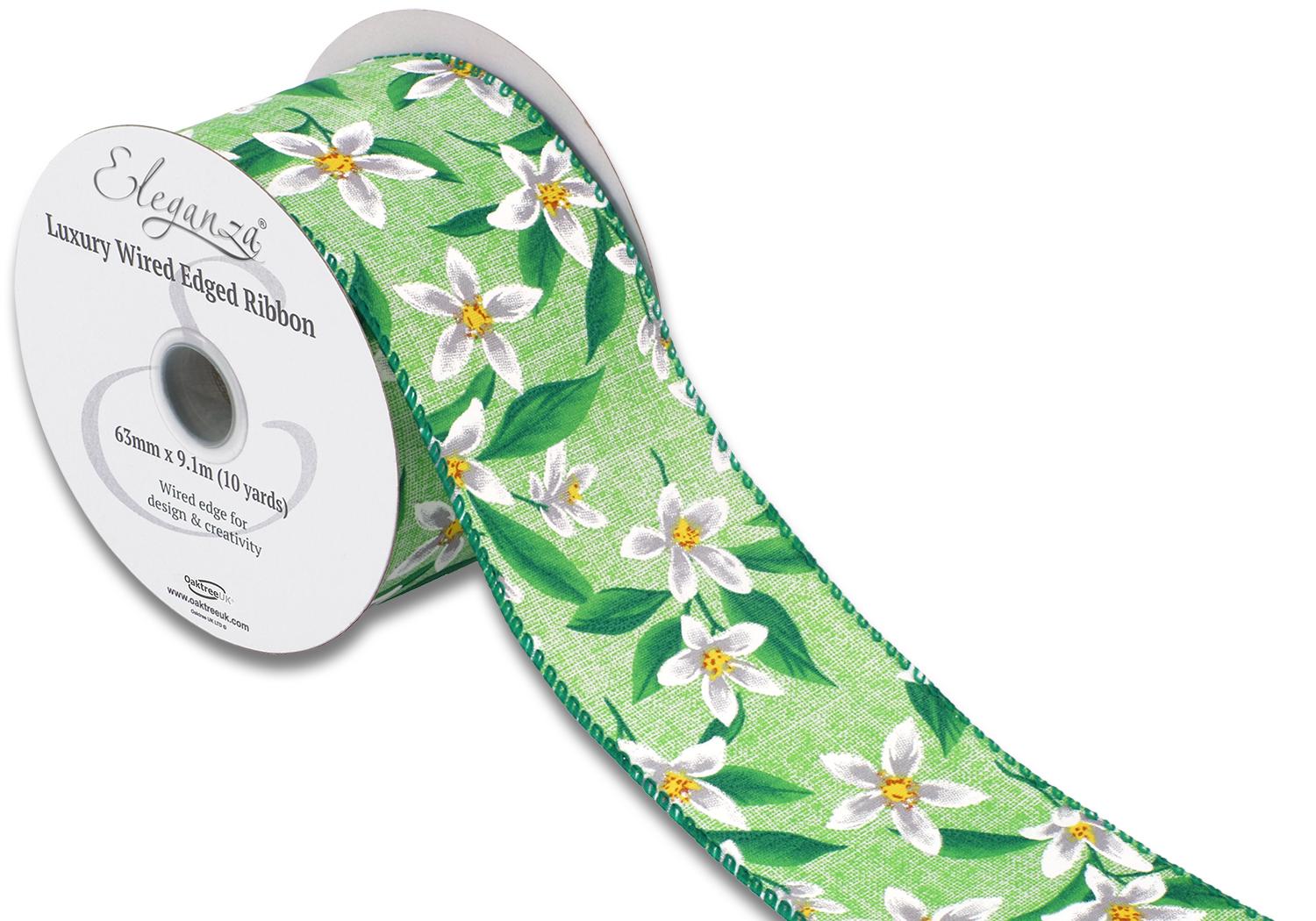 Wired Edge 63mm x 9.1mtr Floral Pattern Green/White-0