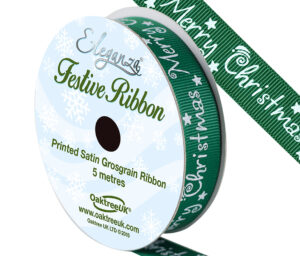 Eleganza Satin Grosgrain Merry Christmas Green 15mm x 5mtrs-0