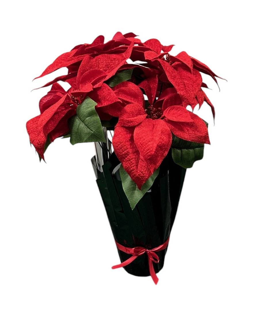 Potted Artificial Velvet Poinsettia with 8 heads - Red (55cm long)-0